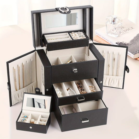 Jewelry Box - Faux Leather with Mirror & 2 Drawers Portable Travel Organizer for - main product view