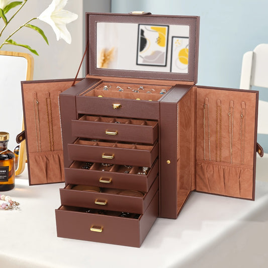 Jewelry Box - Large with Mirror PU Leather 6-Tier 5-Drawer Organizer Velvet-Lined - main product view