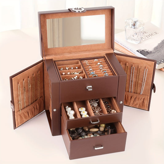 Jewelry Box - Leather with Mirror 3 Layers 2 Drawers Portable Travel Case for Necklaces - main product view