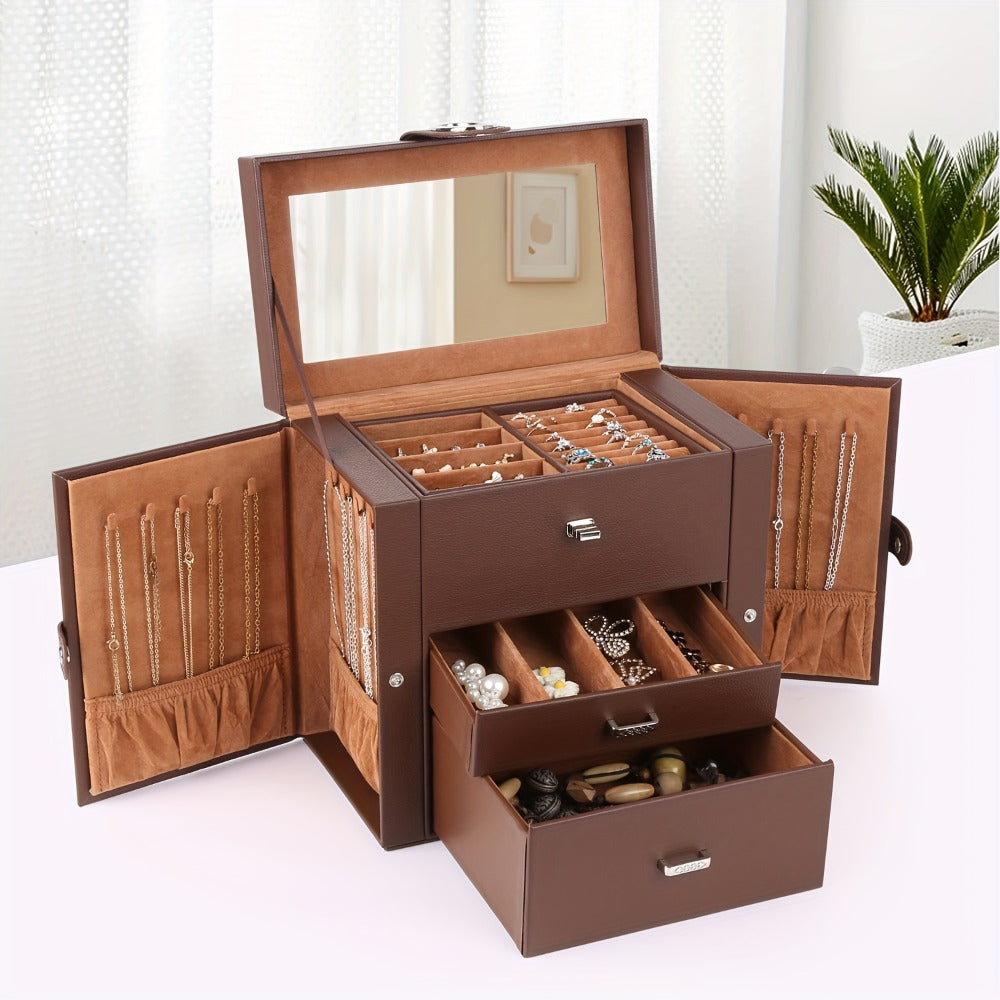 Jewelry Box - Leather with Mirror 3 Layers 2 Drawers Portable Travel Case for Necklaces - product detail view 7