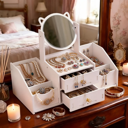 Jewelry Box - with Mirror Cat Ear Design Small Makeup Storage Organizer with Drawers - main product view