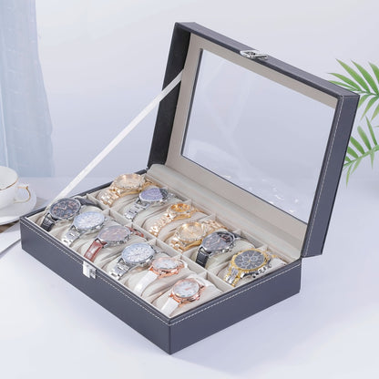 Jewelry Box - Watch 10 / 12 Slot Large Glass Lid Watch Case Organizer with Removable - main product view