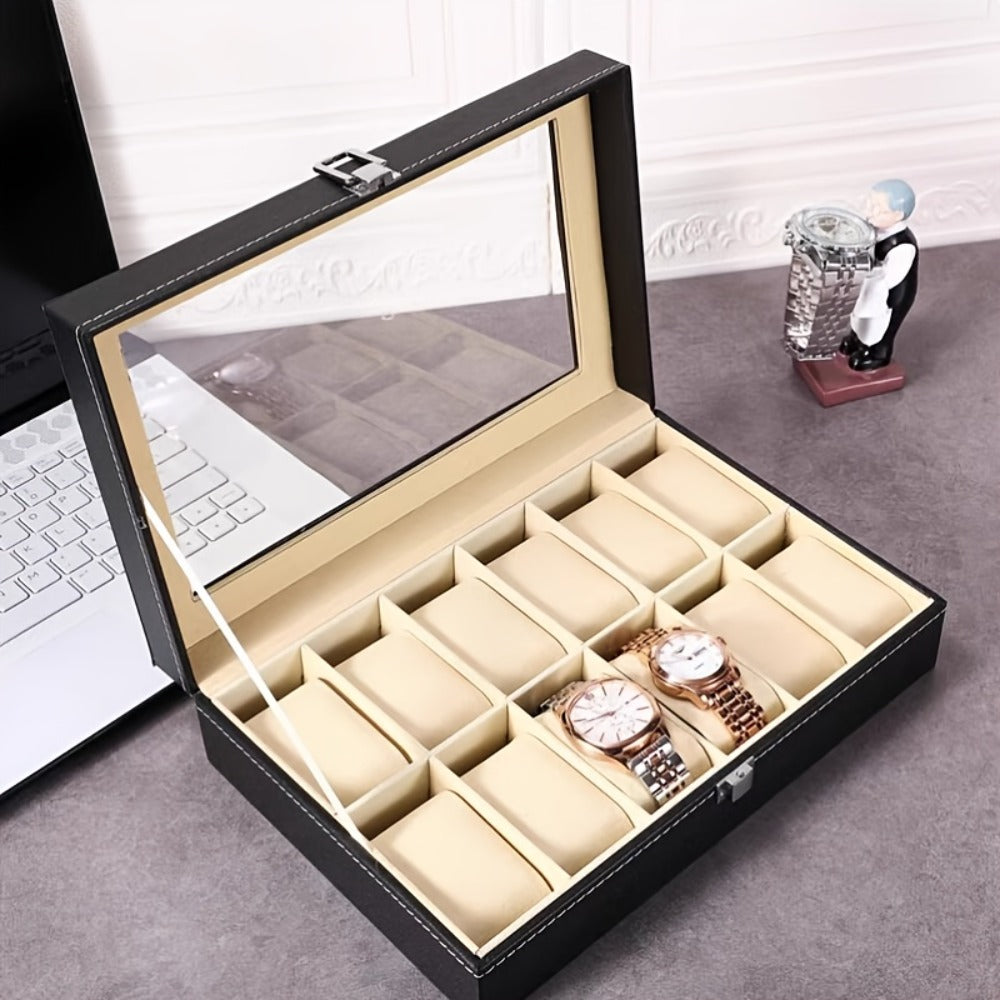 Jewelry Box - Watch 10 / 12 Slot Large Glass Lid Watch Case Organizer with Removable - product detail view 4