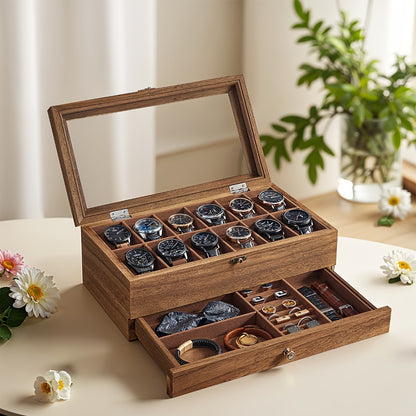Jewelry Box - Watch 12-Slot 2-Tier Display Case with Glass Lid Removable Watch Pillows - main product view