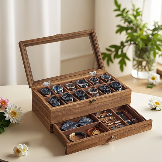 Jewelry Box - Watch 12-Slot 2-Tier Display Case with Glass Lid Removable Watch Pillows - main product view