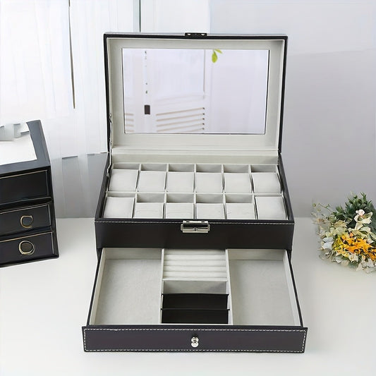 Jewelry Box - Watch 12 Slot Faux Leather with Lock - Single & Double Layer Watch Storage - main product view