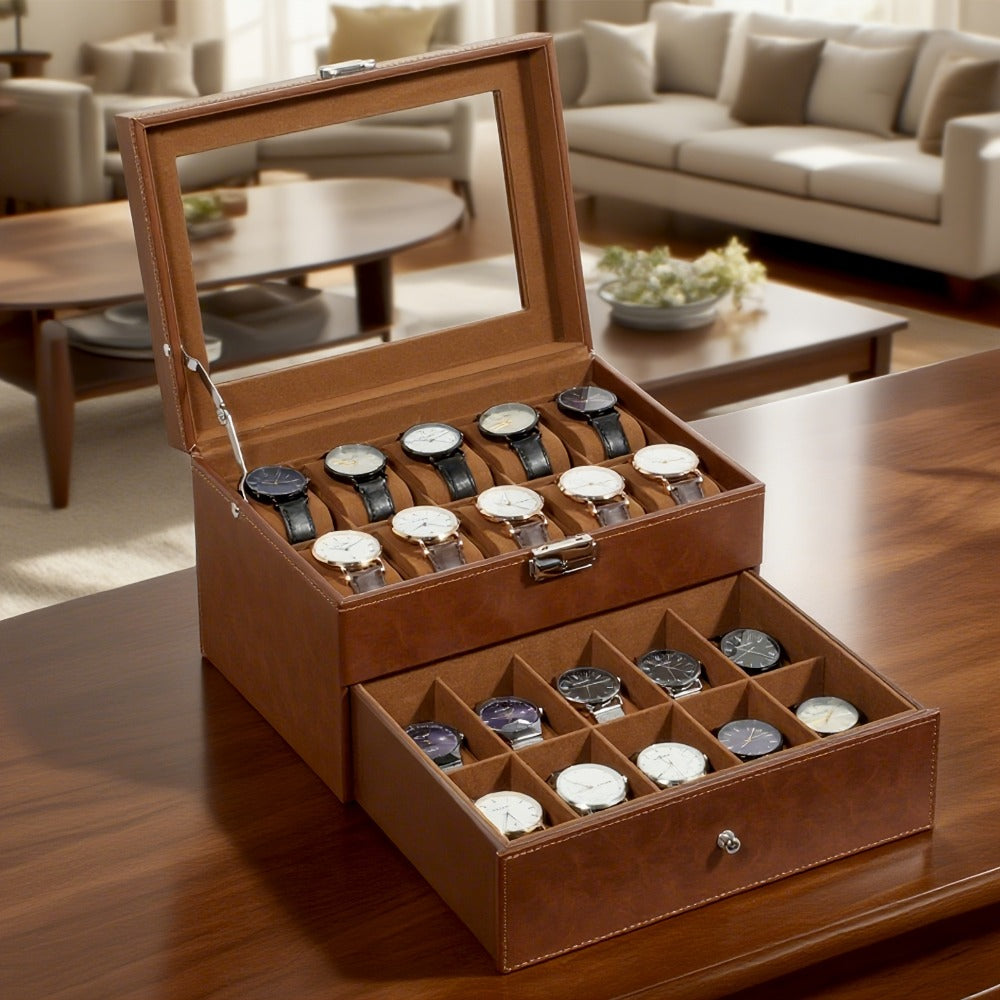 Jewelry Box - Watch 20 Slot Double Layer Glass Top Display Case with Velvet Lining & - main product view
