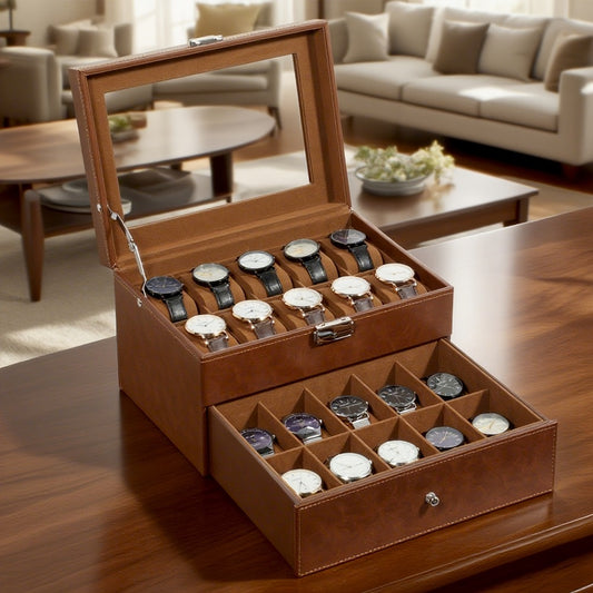 Jewelry Box - Watch 20 Slot Double Layer Glass Top Display Case with Velvet Lining & - main product view
