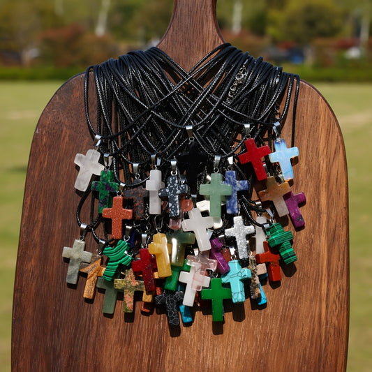 Jewelry Making Beads - Natural Stone Cross Pendant & Necklace Set 50pcs - 25pcs Colorful Mixed - main product view