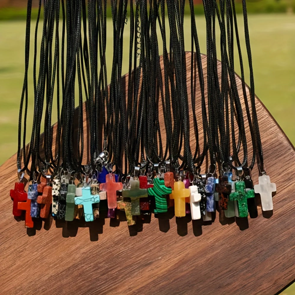 Jewelry Making Kit - Natural Stone Cross Pendant Necklace Set 50pcs 25 Mixed Stone Cross - product detail view 7