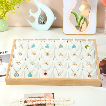Jewelry Organizer - Tray Bamboo Wood 24 Grid Large Capacity Necklace & Pendant Display Rack - product detail view 17