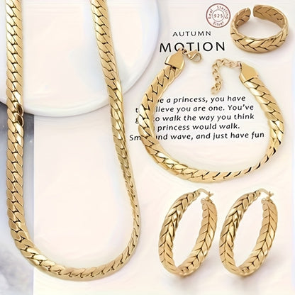 Jewelry Set for Women - 925 Sterling Silver Serpentine 4 Pieces 14K Gold Plated Ring Necklace - product detail view 2