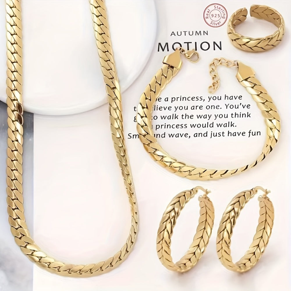 Jewelry Set for Women - 925 Sterling Silver Serpentine 4 Pieces 14K Gold Plated Ring Necklace - product detail view 7