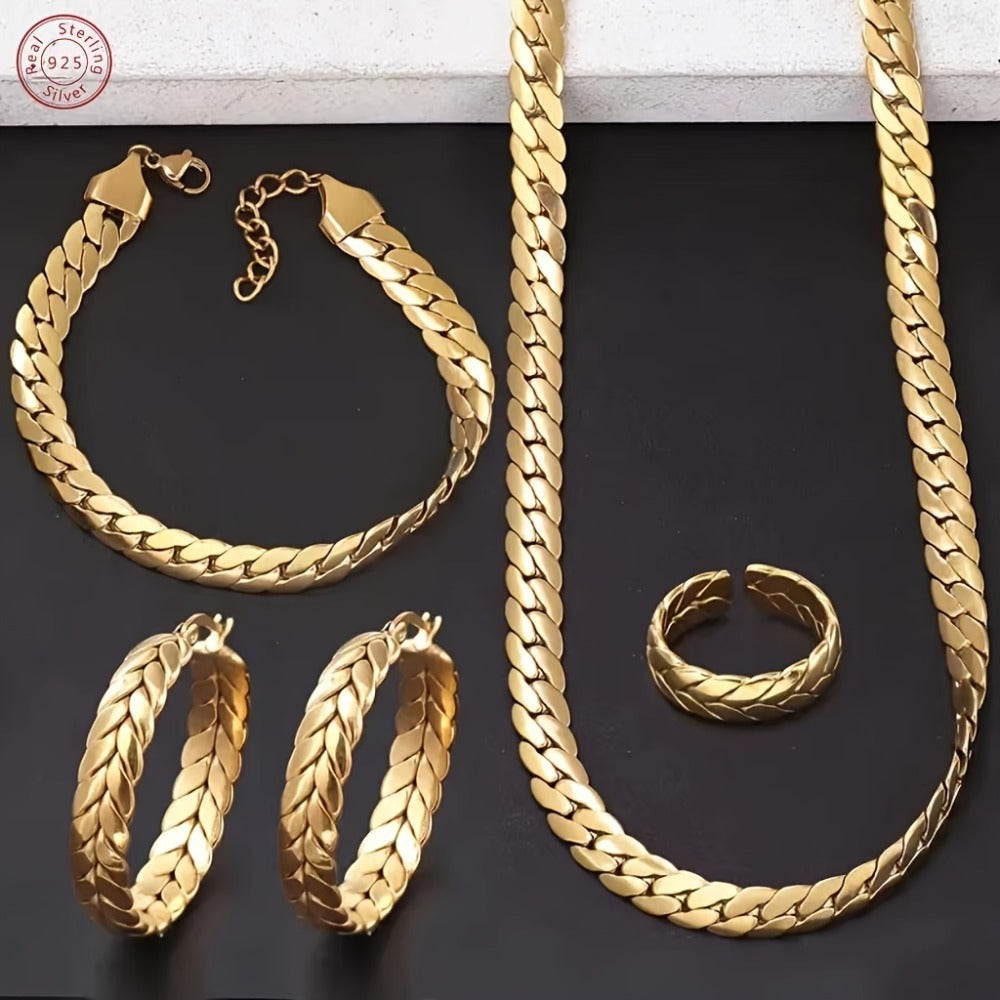 Jewelry Set for Women - 925 Sterling Silver Serpentine 4 Pieces 14K Gold Plated Ring Necklace - product detail view 8