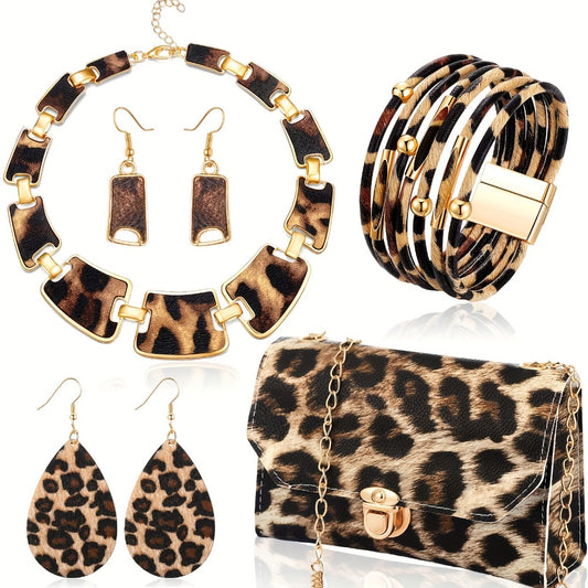Jewelry Set for Women - Boho 7pcs Leopard Print Necklace Earrings Bracelet Handbag Fashion - main product view