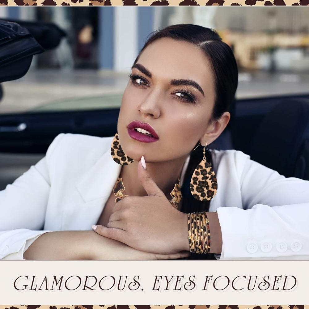Jewelry Set for Women - Boho 7pcs Leopard Print Necklace Earrings Bracelet Handbag Fashion - product detail view 2