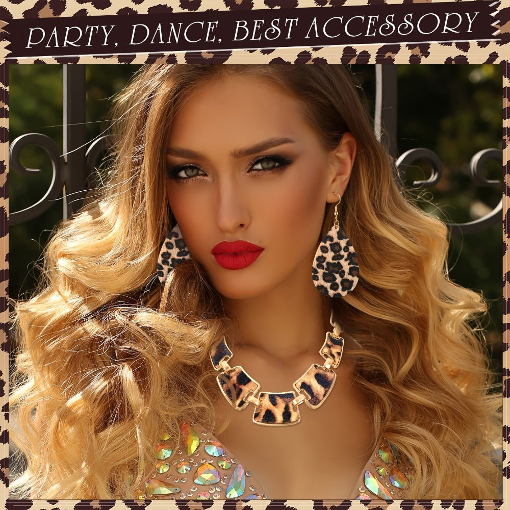 Jewelry Set for Women - Boho 7pcs Leopard Print Necklace Earrings Bracelet Handbag Fashion - product detail view 3