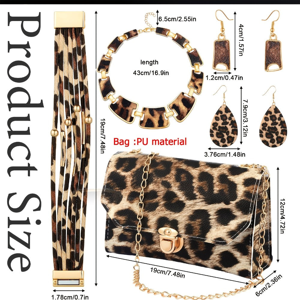 Jewelry Set for Women - Boho 7pcs Leopard Print Necklace Earrings Bracelet Handbag Fashion - product detail view 5