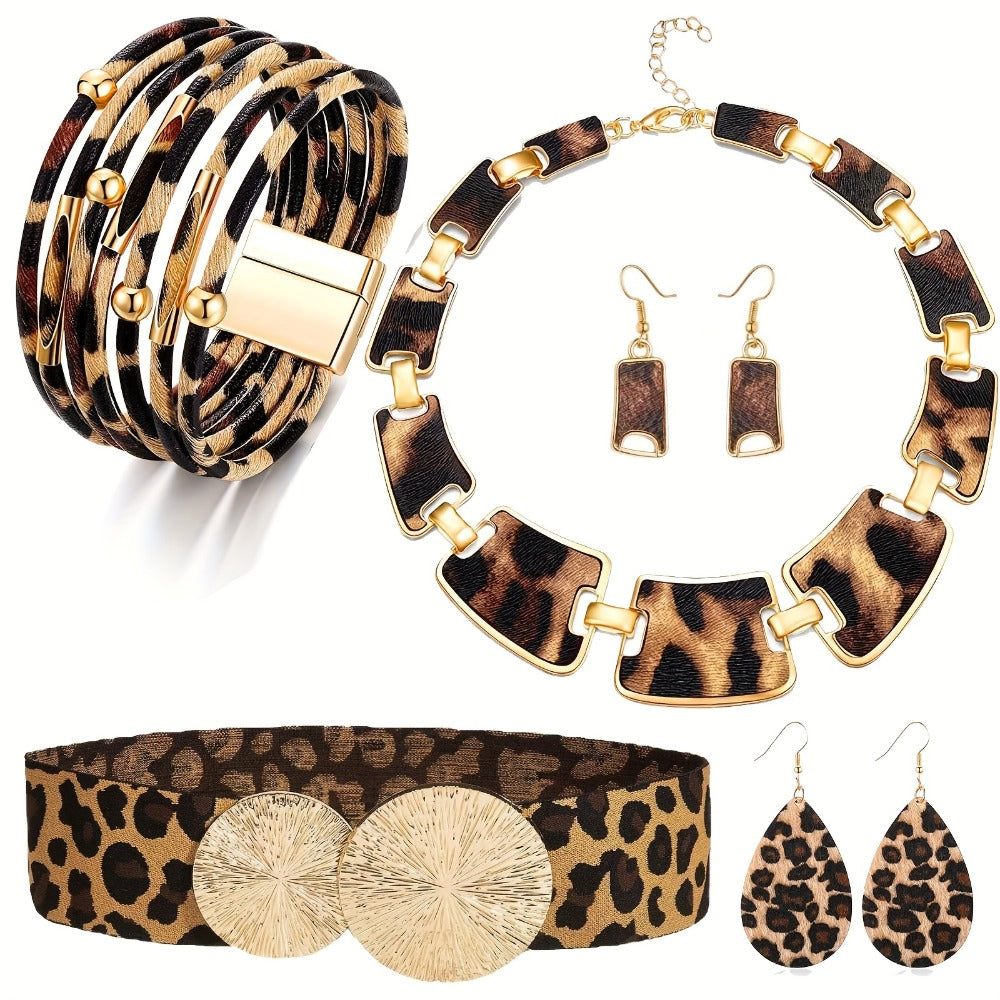 Jewelry Set for Women - Boho 7pcs Leopard Print Necklace Earrings Bracelet Handbag Fashion - product detail view 7