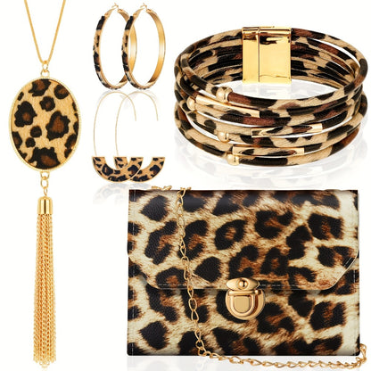 Jewelry Set for Women - Boho 7pcs Leopard Print Necklace Earrings Bracelet Handbag Fashion - product detail view 8