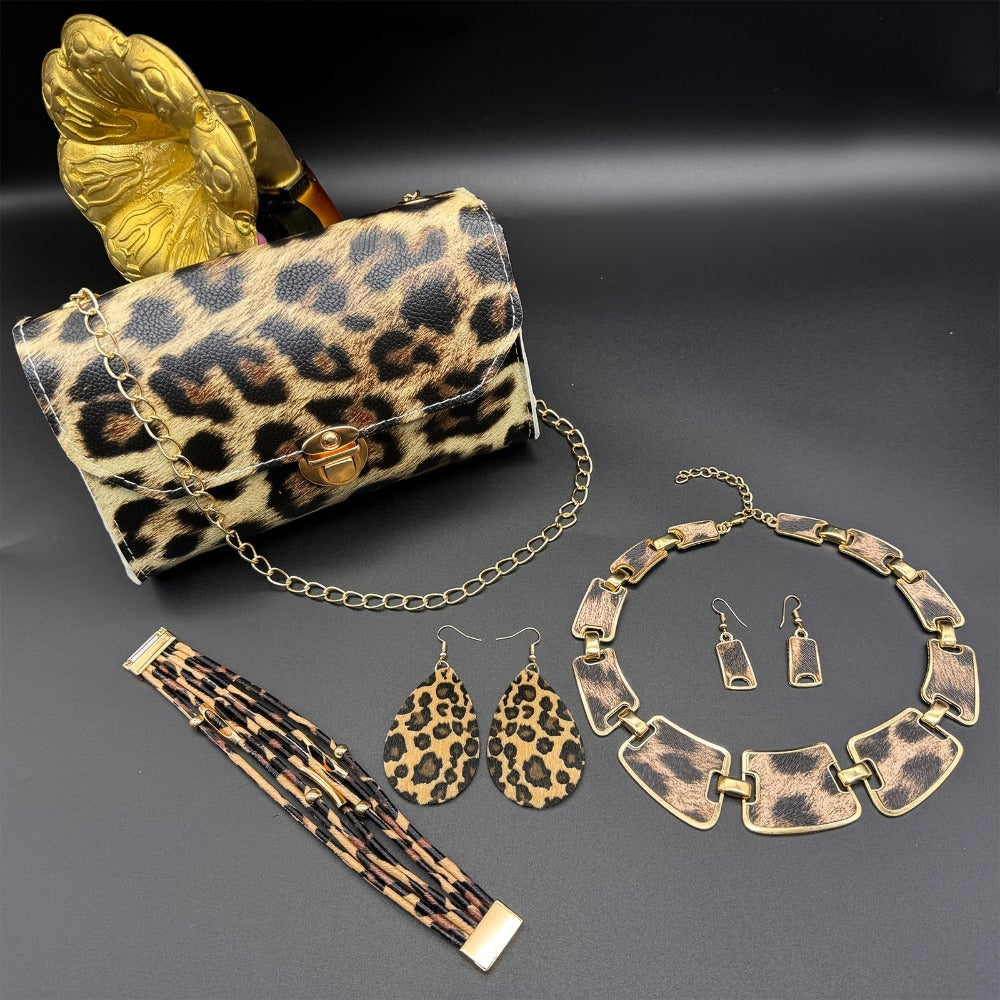 Jewelry Set for Women - Boho 7pcs Leopard Print Necklace Earrings Bracelet Handbag Fashion - product detail view 11