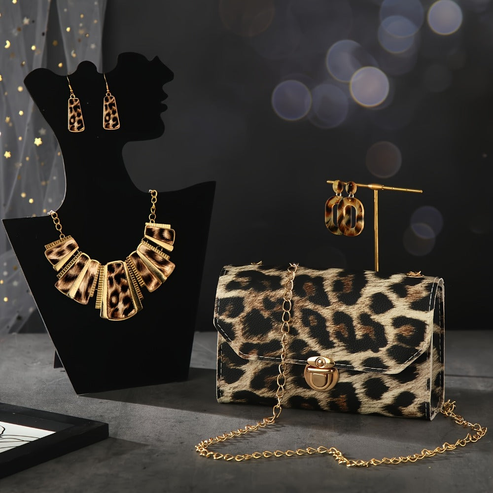 Jewelry Set for Women - Boho 7pcs Leopard Print Necklace Earrings Bracelet Handbag Fashion - product detail view 14