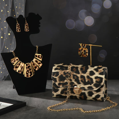 Jewelry Set for Women - Boho 7pcs Leopard Print Necklace Earrings Bracelet Handbag Fashion - product detail view 14