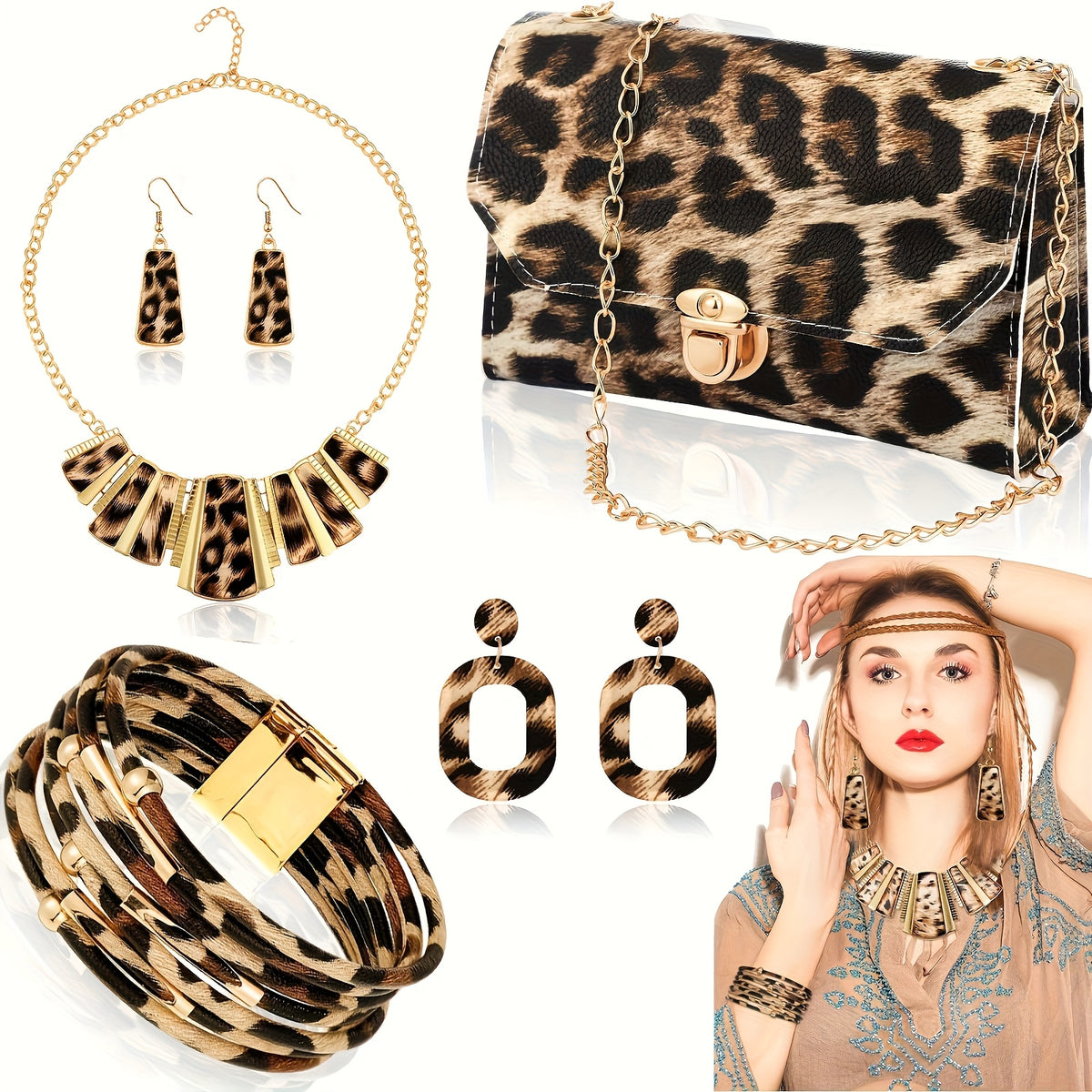 Jewelry Set for Women - Boho 7pcs Leopard Print Necklace Earrings Bracelet Handbag Fashion - product detail view 17