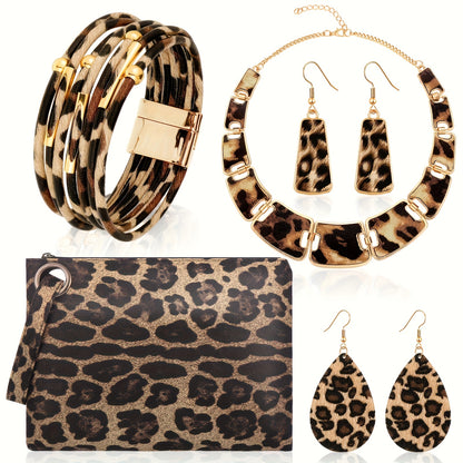 Jewelry Set for Women - Boho 7pcs Leopard Print Necklace Earrings Bracelet Handbag Fashion - product detail view 18