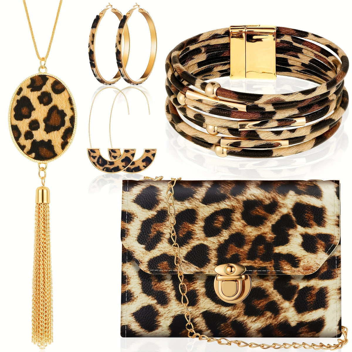 Jewelry Set for Women - Boho 7pcs Leopard Print Necklace Earrings Bracelet Handbag Fashion - product detail view 19