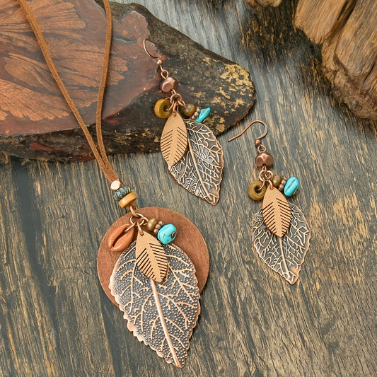 Jewelry Set for Women - Boho Leaf Pendant Necklace & Earrings 3pcs for - Vintage Style Bohemian - main product view