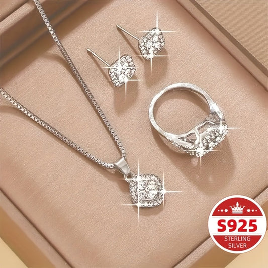 Jewelry Set for Women - Boho S925 Sterling Silver Rhinestone Necklace Earrings Ring 3 Piece - main product view
