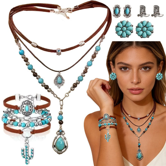 Jewelry Set for Women - Boho Western Necklace 8 Pieces - Turquoise Stone & Cactus Flower Pendant - main product view
