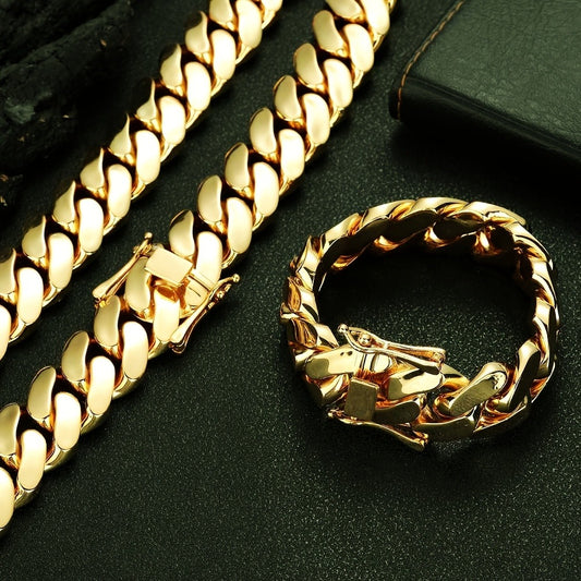 Jewelry Set for Women - Cuban Link Chain Necklace Bracelet Men 18K Gold Plated 14mm Stainless - main product view
