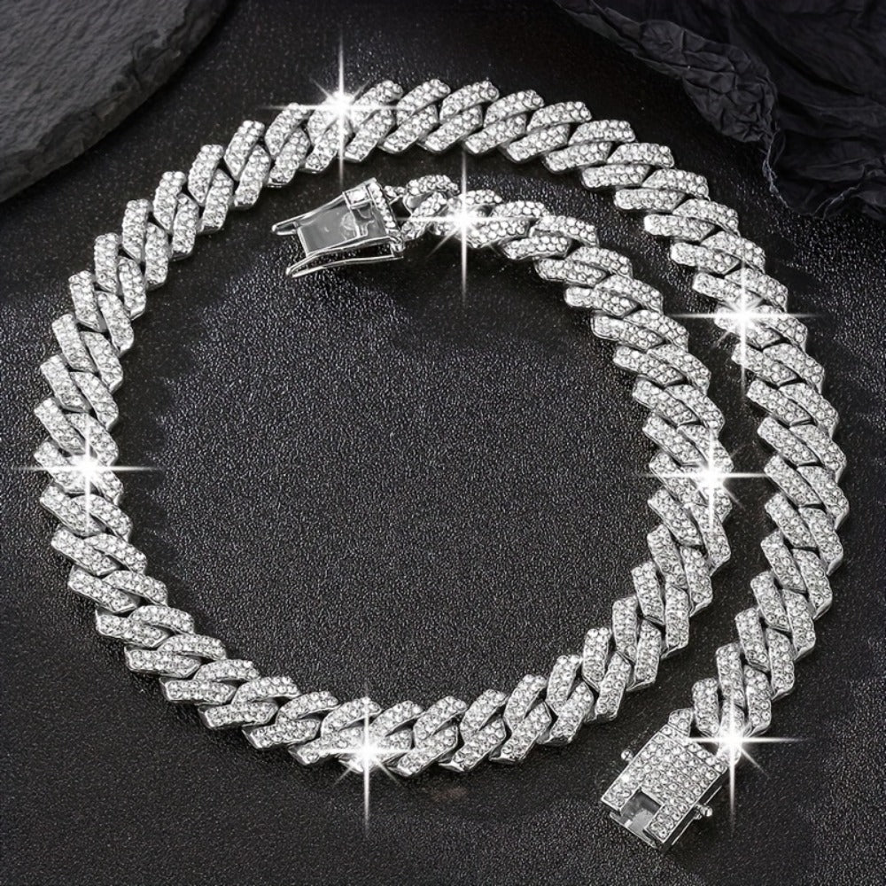 Jewelry Set for Women - Cuban Link Chain Necklace and Bracelet for Men Hip Hop Punk 2pcs Shiny - product detail view 10