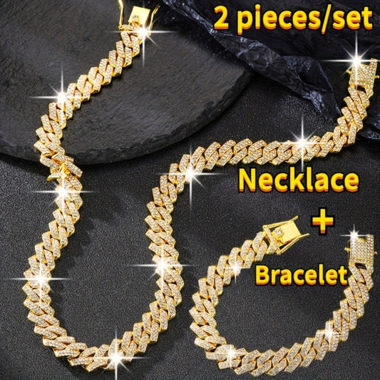 Jewelry Set for Women - Cuban Link Necklace and Bracelet Rhinestone Bling Unisex Hip Hop Y2K Punk - main product view