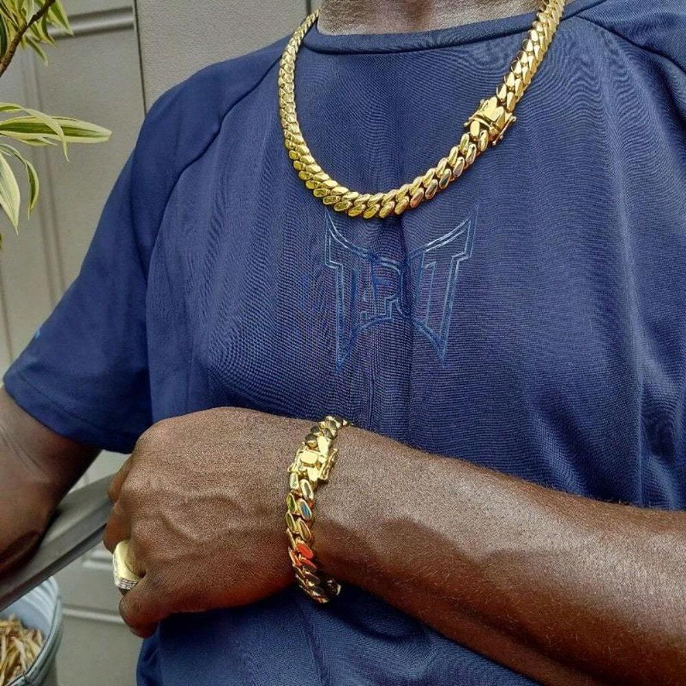 Jewelry Set for Women - Gold Cuban Link Chain Necklace Bracelet Men 18K Gold Plated 10mm Stainless - product detail view 8