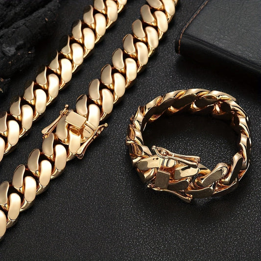 Jewelry Set for Women - Miami Cuban Link Chain Men 14mm 18K Gold Plated 316L Stainless Steel - main product view