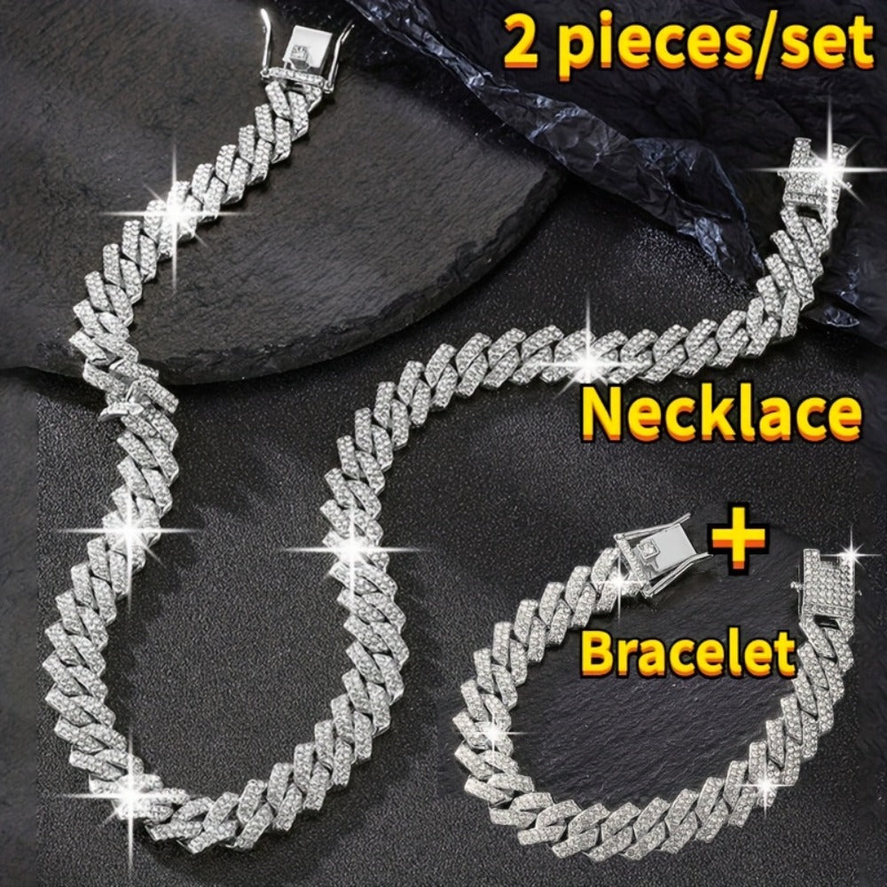 Jewelry Set for Women - Miami Cuban Link Chain Necklace and Bracelet for Men Luxury Bling Hip Hop - product detail view 2