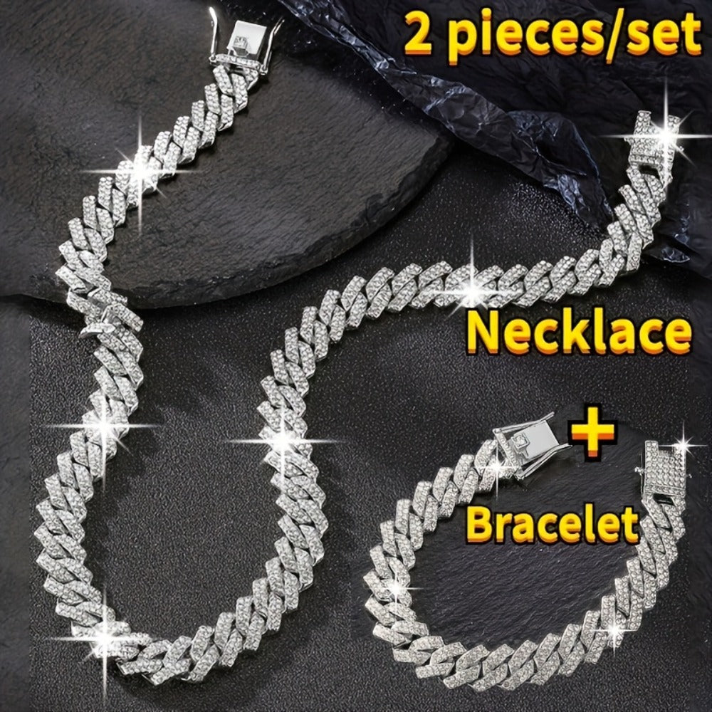 Jewelry Set for Women - Miami Cuban Link Chain Necklace and Bracelet for Men Luxury Bling Hip Hop - product detail view 5