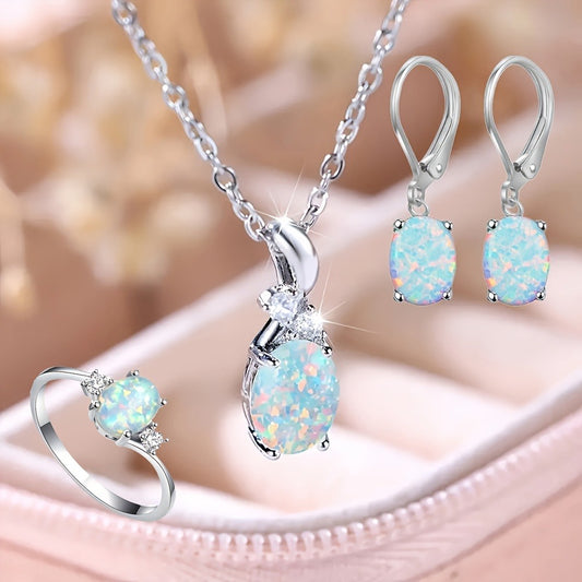 Jewelry Set for Women - Opal for 4 Pieces 925 Sterling Silver Water Drop Pendant Necklace Earrings - main product view