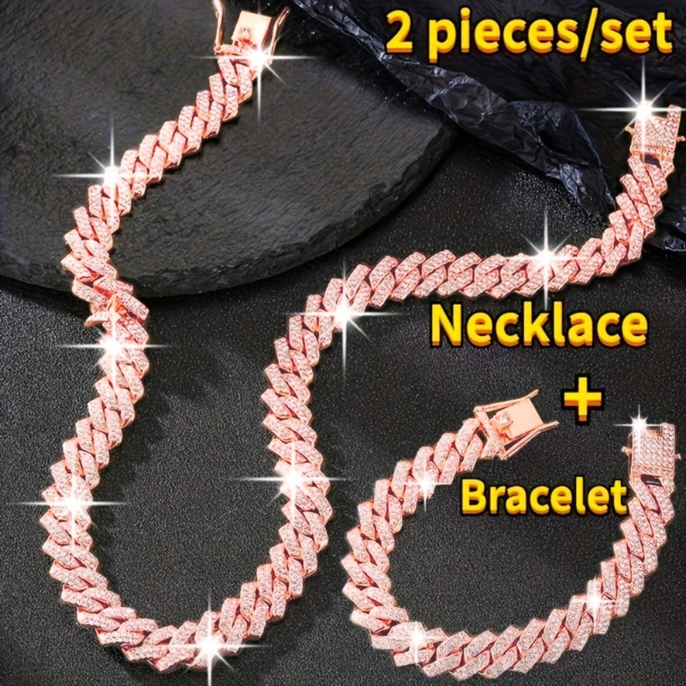 Jewelry Set for Women - Rhinestone Cuban Link Necklace and Bracelet 2pcs Full CZ Bling Y2K Hip Hop - product detail view 6