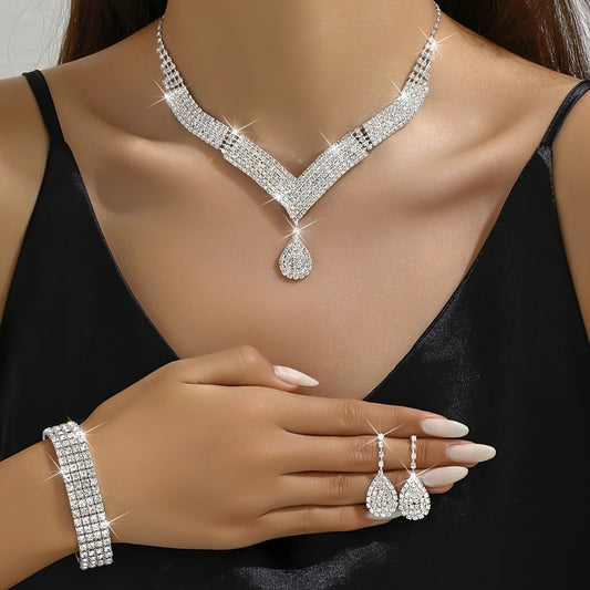 Jewelry Set for Women - Rhinestone Water Drop 3 Pieces Dangle Earrings Necklace Bracelet with - main product view