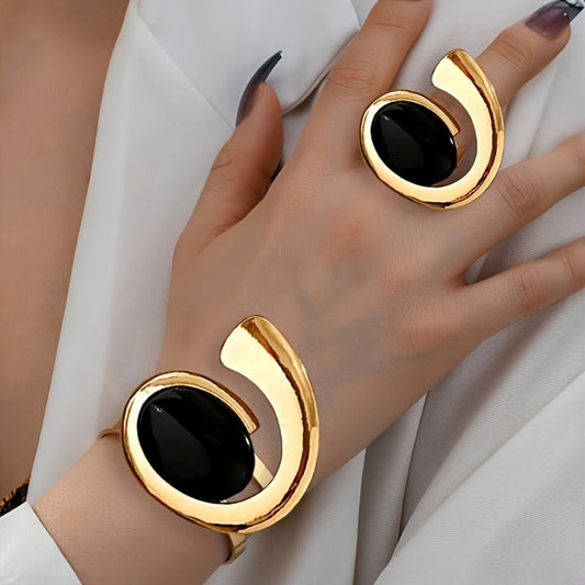 Jewelry Set for Women - Ring and Bracelet for - Retro Geometric Black Acrylic , Vintage Style - main product view