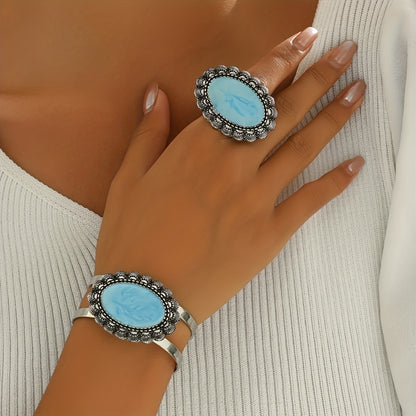 Jewelry Set for Women - Ring and Bracelet for - Retro Geometric Black Acrylic , Vintage Style - product detail view 11