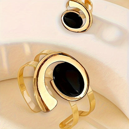Jewelry Set for Women - Ring and Bracelet for - Retro Geometric Black Acrylic , Vintage Style - product detail view 17