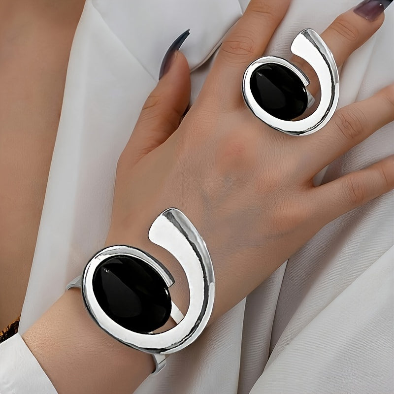 Jewelry Set for Women - Ring and Bracelet for - Retro Geometric Black Acrylic , Vintage Style - product detail view 18
