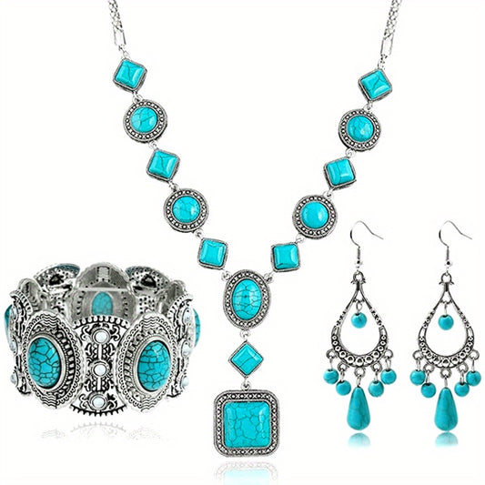 Jewelry Set for Women - Turquoise for Boho - 3 Piece Natural Stone Necklace Bracelet Earrings - main product view