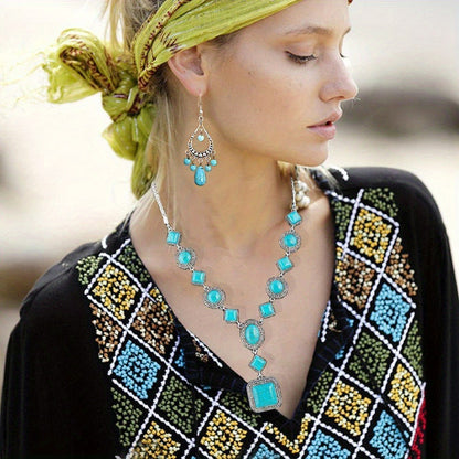 Jewelry Set for Women - Turquoise for Boho - 3 Piece Natural Stone Necklace Bracelet Earrings - product detail view 8