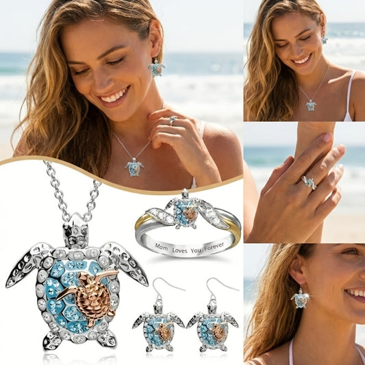 Jewelry Set for Women - Turtle 925 Sterling Silver Moissanite Necklace Earrings Ring for Beach - main product view